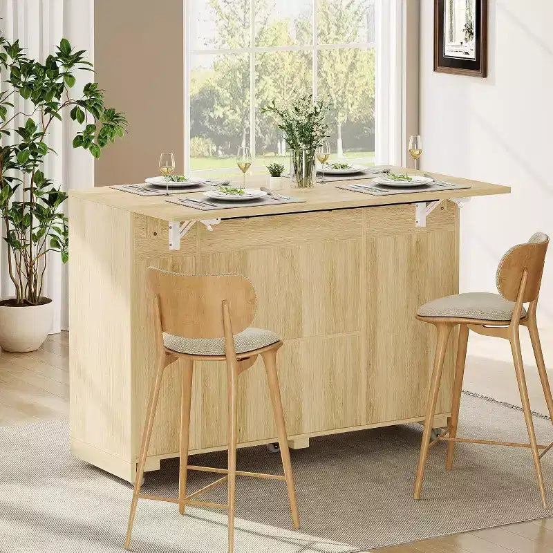 53 Rolling Kitchen Island with Rattan Doors & Drop-Leaf Breakfast Bar, Storage Cabinet with Hidden Trash Bin