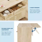 53 Rolling Kitchen Island with Rattan Doors & Drop-Leaf Breakfast Bar, Storage Cabinet with Hidden Trash Bin
