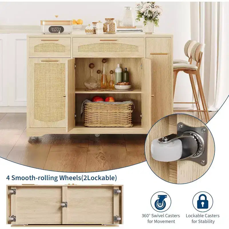 53 Rolling Kitchen Island with Rattan Doors & Drop-Leaf Breakfast Bar, Storage Cabinet with Hidden Trash Bin