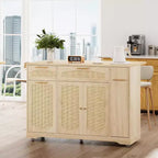 53 Rolling Kitchen Island with Rattan Doors & Drop-Leaf Breakfast Bar, Storage Cabinet with Hidden Trash Bin