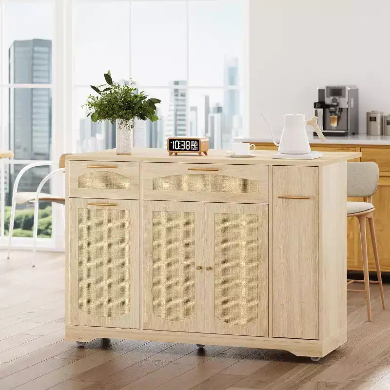 53 Rolling Kitchen Island with Rattan Doors & Drop-Leaf Breakfast Bar, Storage Cabinet with Hidden Trash Bin