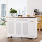 53 Rolling Kitchen Island with Rattan Doors & Drop-Leaf Breakfast Bar, Storage Cabinet with Hidden Trash Bin