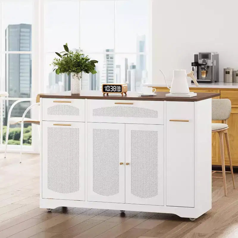 53 Rolling Kitchen Island with Rattan Doors & Drop-Leaf Breakfast Bar, Storage Cabinet with Hidden Trash Bin