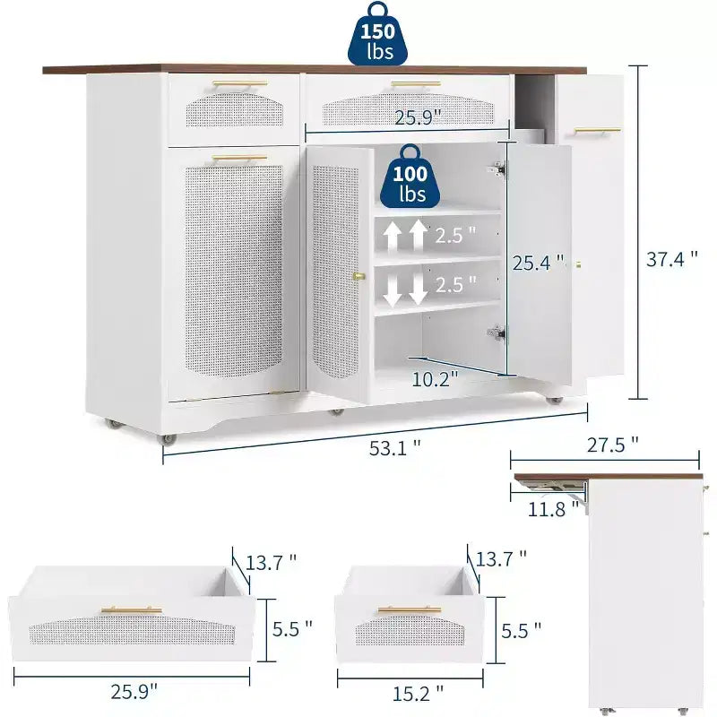 53 Rolling Kitchen Island with Rattan Doors & Drop-Leaf Breakfast Bar, Storage Cabinet with Hidden Trash Bin