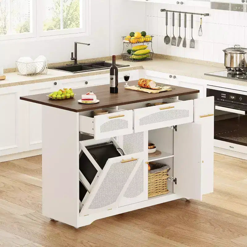 53 Rolling Kitchen Island with Rattan Doors & Drop-Leaf Breakfast Bar, Storage Cabinet with Hidden Trash Bin