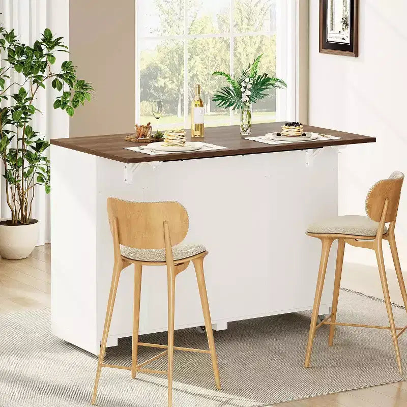 53 Rolling Kitchen Island with Rattan Doors & Drop-Leaf Breakfast Bar, Storage Cabinet with Hidden Trash Bin