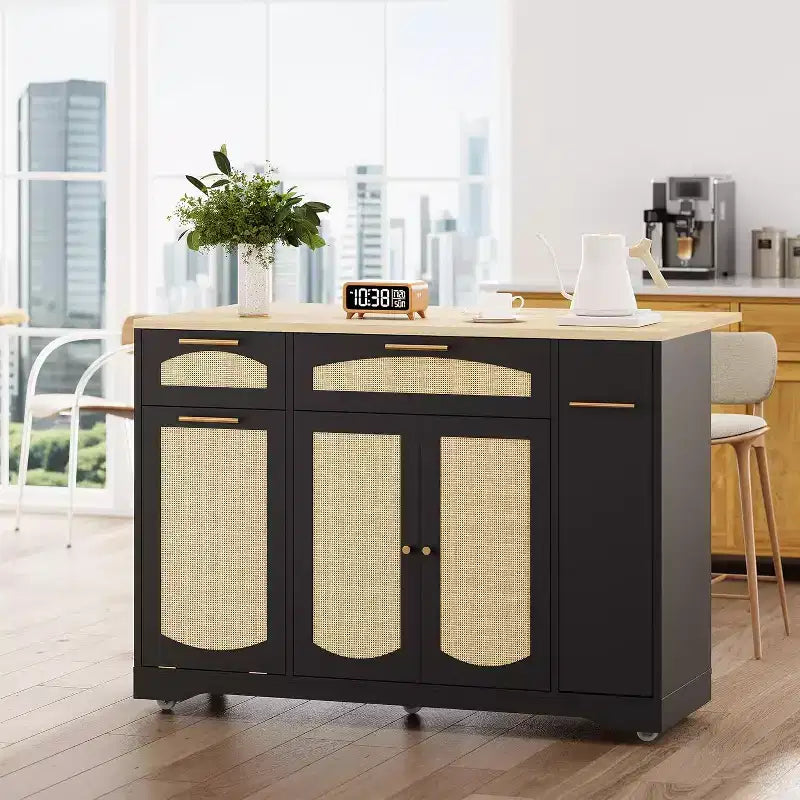 53 Rolling Kitchen Island with Rattan Doors & Drop-Leaf Breakfast Bar, Storage Cabinet with Hidden Trash Bin