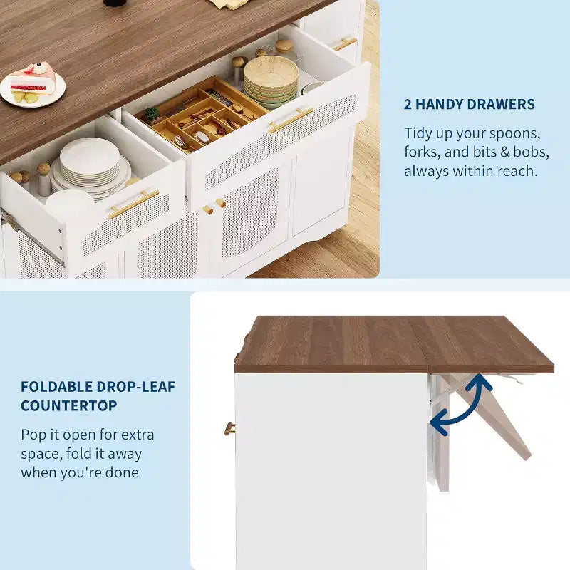 53 Rolling Kitchen Island with Rattan Doors & Drop-Leaf Breakfast Bar, Storage Cabinet with Hidden Trash Bin