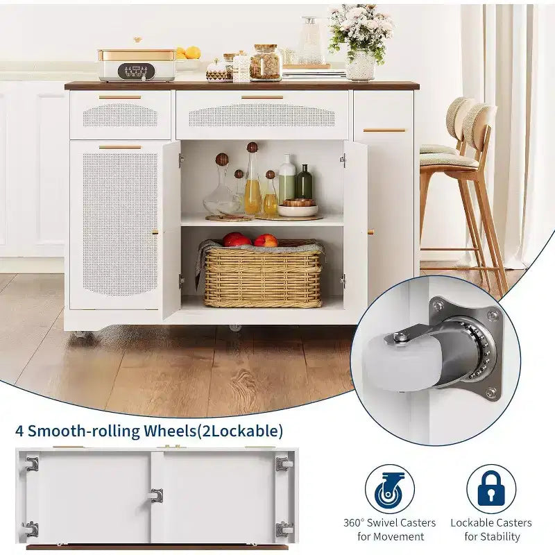 53 Rolling Kitchen Island with Rattan Doors & Drop-Leaf Breakfast Bar, Storage Cabinet with Hidden Trash Bin