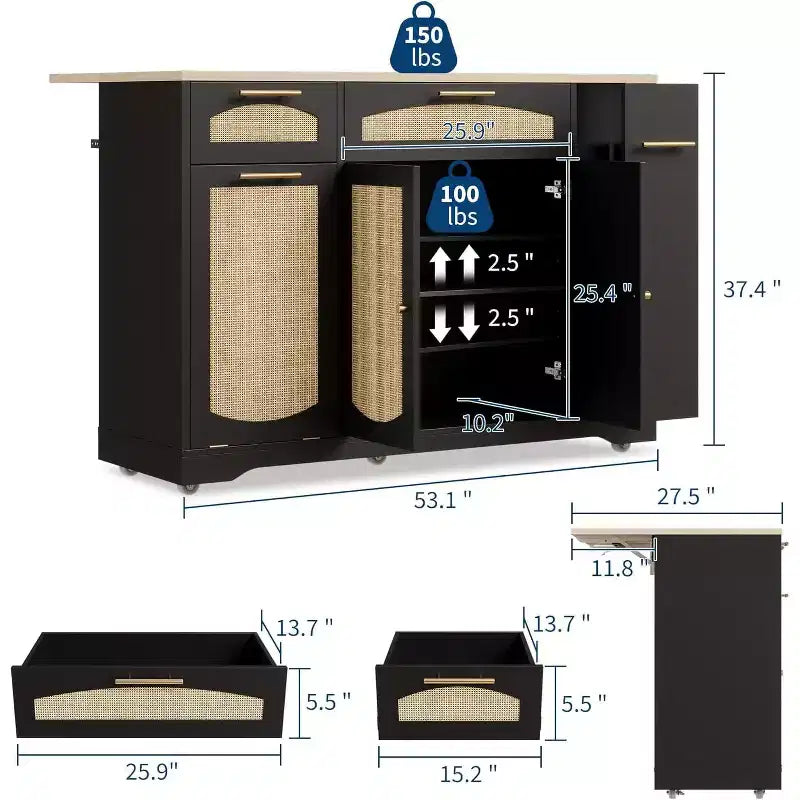 53 Rolling Kitchen Island with Rattan Doors & Drop-Leaf Breakfast Bar, Storage Cabinet with Hidden Trash Bin