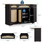 53 Rolling Kitchen Island with Rattan Doors & Drop-Leaf Breakfast Bar, Storage Cabinet with Hidden Trash Bin