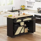 53 Rolling Kitchen Island with Rattan Doors & Drop-Leaf Breakfast Bar, Storage Cabinet with Hidden Trash Bin