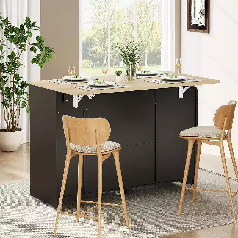 53 Rolling Kitchen Island with Rattan Doors & Drop-Leaf Breakfast Bar, Storage Cabinet with Hidden Trash Bin