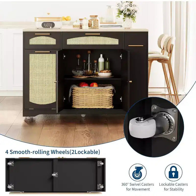 53 Rolling Kitchen Island with Rattan Doors & Drop-Leaf Breakfast Bar, Storage Cabinet with Hidden Trash Bin