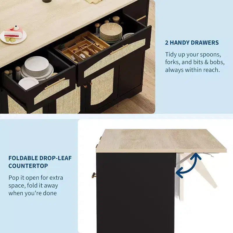 53 Rolling Kitchen Island with Rattan Doors & Drop-Leaf Breakfast Bar, Storage Cabinet with Hidden Trash Bin