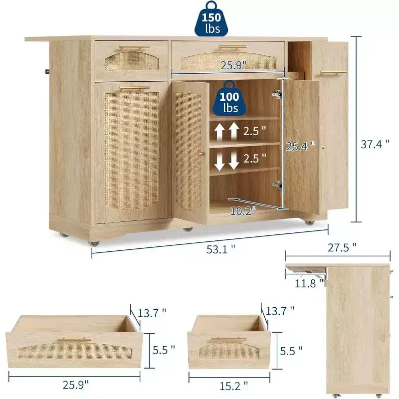 53 Rolling Kitchen Island with Rattan Doors & Drop-Leaf Breakfast Bar, Storage Cabinet with Hidden Trash Bin
