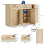 53 Rolling Kitchen Island with Rattan Doors & Drop-Leaf Breakfast Bar, Storage Cabinet with Hidden Trash Bin