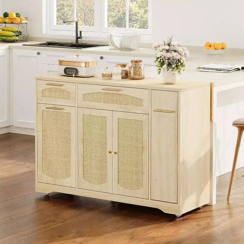 53 Rolling Kitchen Island with Rattan Doors & Drop-Leaf Breakfast Bar, Storage Cabinet with Hidden Trash Bin