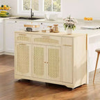 53 Rolling Kitchen Island with Rattan Doors & Drop-Leaf Breakfast Bar, Storage Cabinet with Hidden Trash Bin