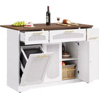 53 Rolling Kitchen Island with Rattan Doors & Drop-Leaf Breakfast Bar, Storage Cabinet with Hidden Trash Bin