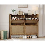 47 Boho Rattan Shoe Cabinet with 4 Flip Drawers, Slim Freestanding Shoe Storage with Adjustable Shelves for Entryway, Hallway or Foyer, Brown