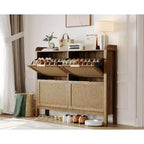 47 Boho Rattan Shoe Cabinet with 4 Flip Drawers, Slim Freestanding Shoe Storage with Adjustable Shelves for Entryway, Hallway or Foyer, Brown
