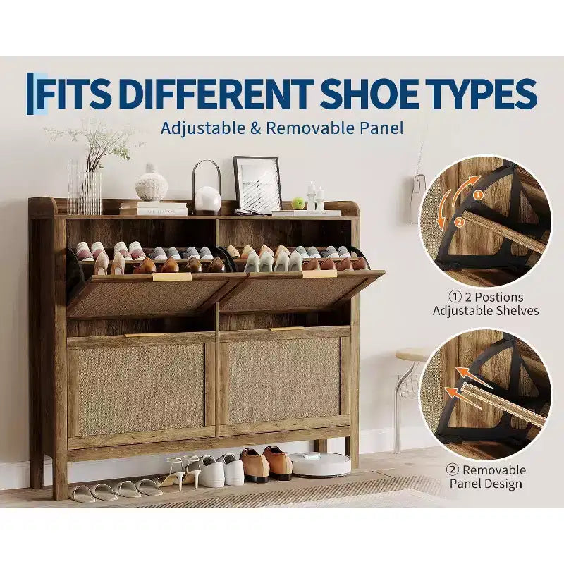 47 Boho Rattan Shoe Cabinet with 4 Flip Drawers, Slim Freestanding Shoe Storage with Adjustable Shelves for Entryway, Hallway or Foyer, Brown