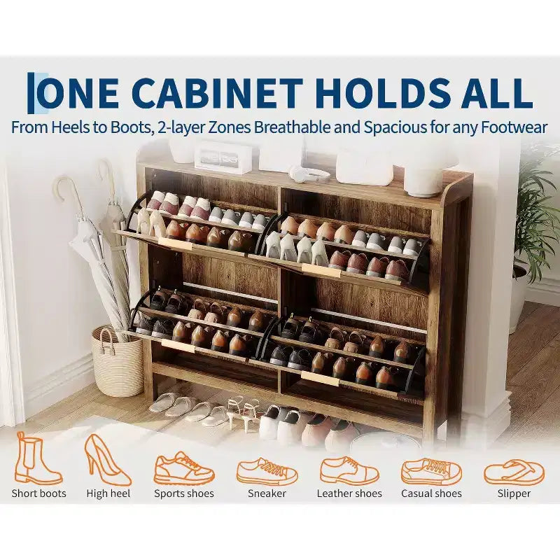 47 Boho Rattan Shoe Cabinet with 4 Flip Drawers, Slim Freestanding Shoe Storage with Adjustable Shelves for Entryway, Hallway or Foyer, Brown