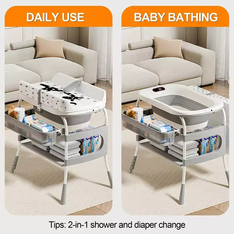 Table à langer et baignoire pour bébé Foalom 2 en 1, design pliable et rangement pour les soins du nouveau-né.
