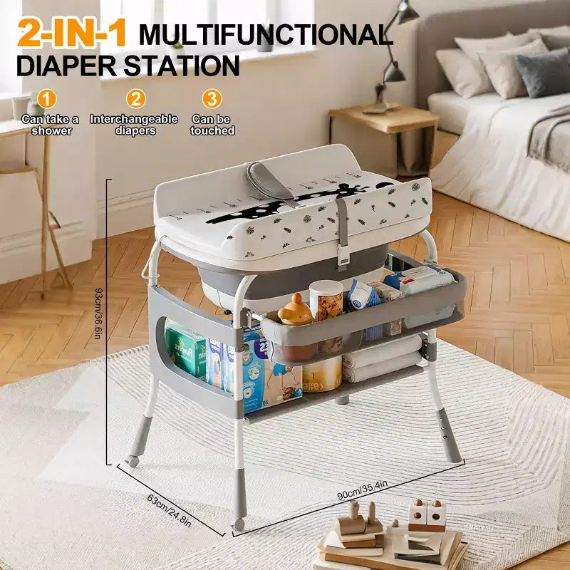 Table à langer et baignoire pour bébé Foalom 2 en 1, design pliable et rangement pour les soins du nouveau-né.