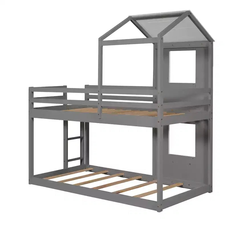 Bellemave Lit Superposé Cabane pour Enfants avec Toit et Fenêtre, Cadre en Bois Massif, Barrières de Sécurité et Échelle, Lit Superposé Gain de Place