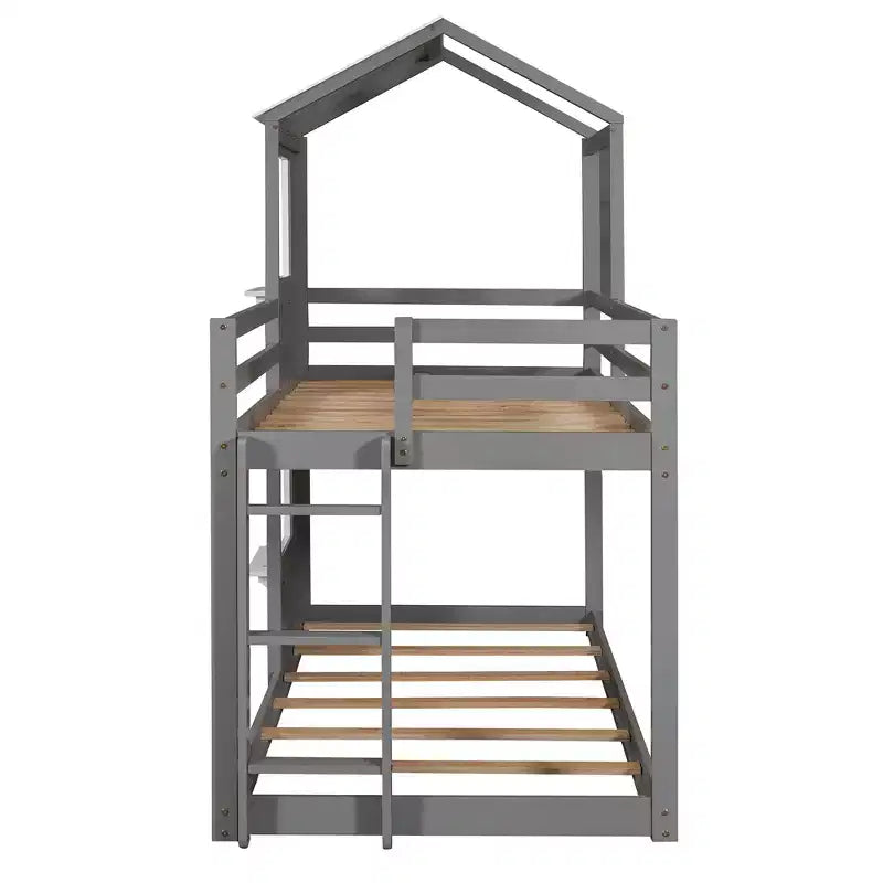 Bellemave Lit Superposé Cabane pour Enfants avec Toit et Fenêtre, Cadre en Bois Massif, Barrières de Sécurité et Échelle, Lit Superposé Gain de Place