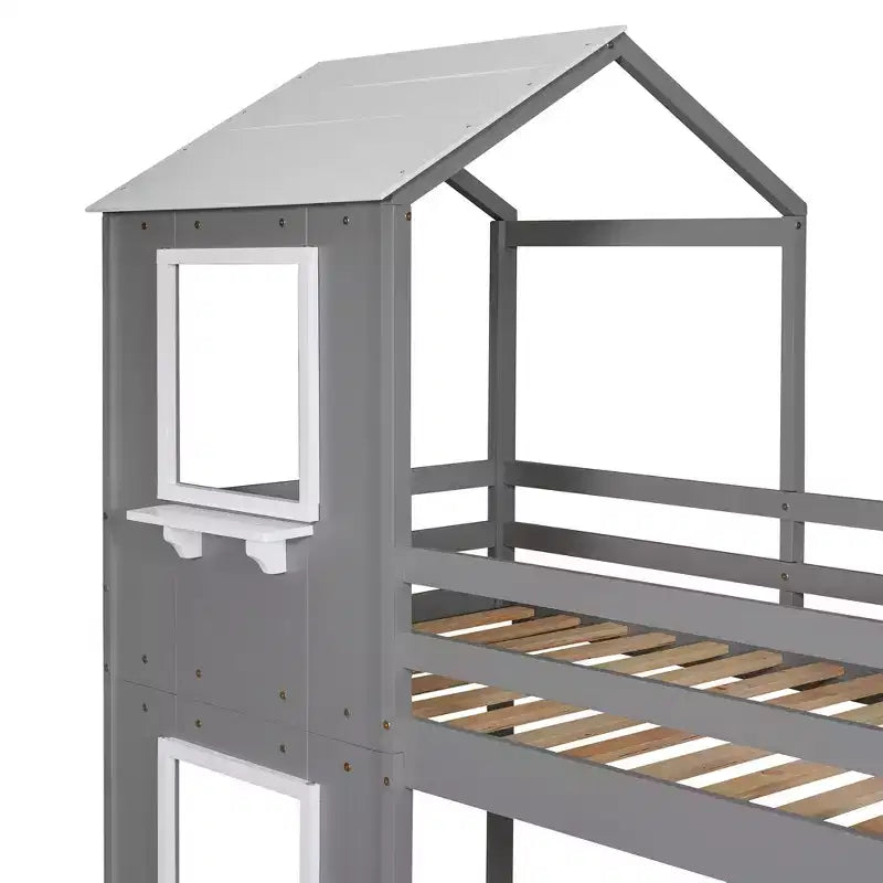 Bellemave Lit Superposé Cabane pour Enfants avec Toit et Fenêtre, Cadre en Bois Massif, Barrières de Sécurité et Échelle, Lit Superposé Gain de Place