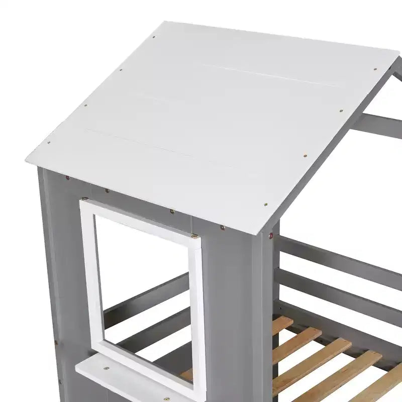 Bellemave Lit Superposé Cabane pour Enfants avec Toit et Fenêtre, Cadre en Bois Massif, Barrières de Sécurité et Échelle, Lit Superposé Gain de Place