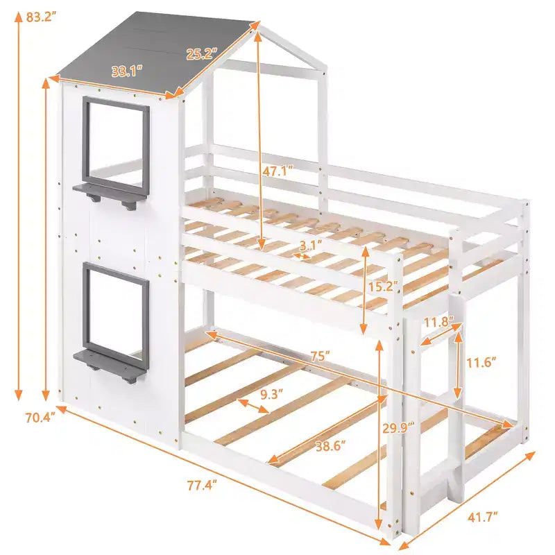 Bellemave Lit Superposé Cabane pour Enfants avec Toit et Fenêtre, Cadre en Bois Massif, Barrières de Sécurité et Échelle, Lit Superposé Gain de Place