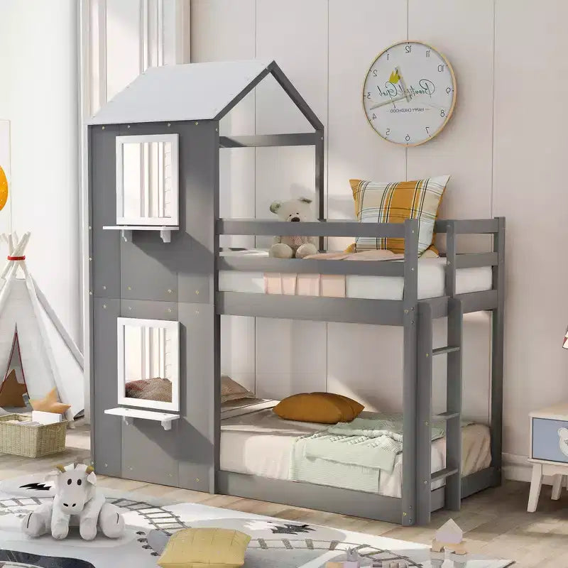 Bellemave Lit Superposé Cabane pour Enfants avec Toit et Fenêtre, Cadre en Bois Massif, Barrières de Sécurité et Échelle, Lit Superposé Gain de Place