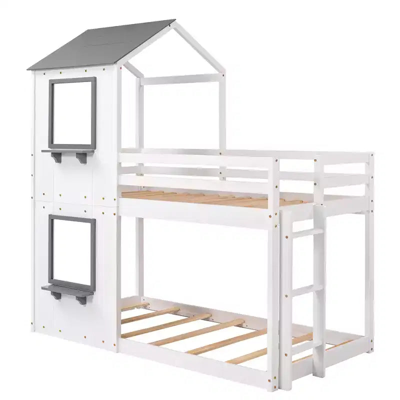 Bellemave Lit Superposé Cabane pour Enfants avec Toit et Fenêtre, Cadre en Bois Massif, Barrières de Sécurité et Échelle, Lit Superposé Gain de Place