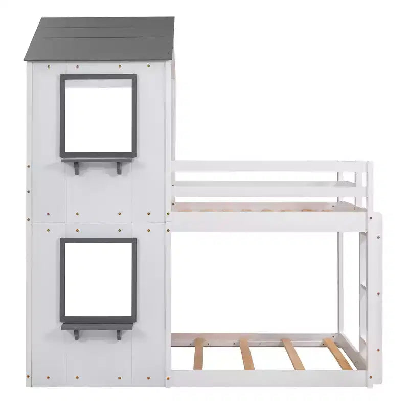 Bellemave Lit Superposé Cabane pour Enfants avec Toit et Fenêtre, Cadre en Bois Massif, Barrières de Sécurité et Échelle, Lit Superposé Gain de Place