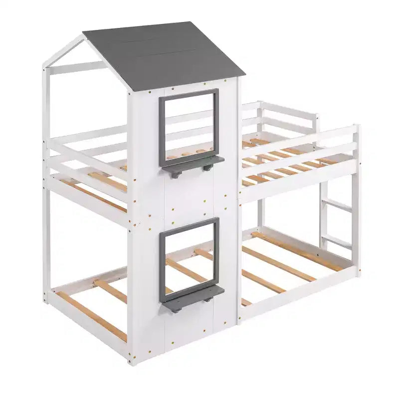 Bellemave Lit Superposé Cabane pour Enfants avec Toit et Fenêtre, Cadre en Bois Massif, Barrières de Sécurité et Échelle, Lit Superposé Gain de Place