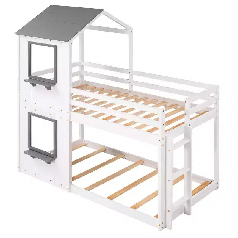 Bellemave Lit Superposé Cabane pour Enfants avec Toit et Fenêtre, Cadre en Bois Massif, Barrières de Sécurité et Échelle, Lit Superposé Gain de Place