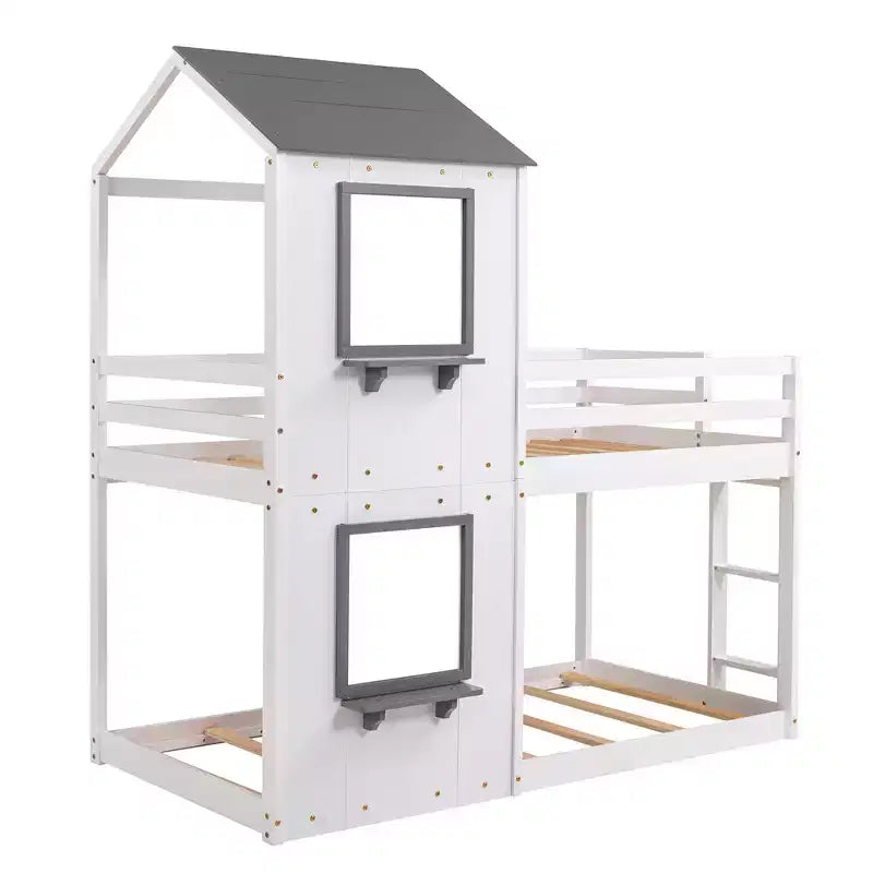 Bellemave Lit Superposé Cabane pour Enfants avec Toit et Fenêtre, Cadre en Bois Massif, Barrières de Sécurité et Échelle, Lit Superposé Gain de Place