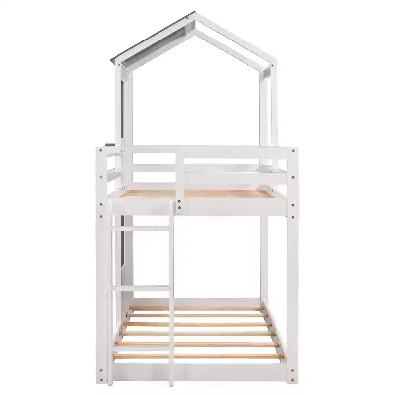 Bellemave Lit Superposé Cabane pour Enfants avec Toit et Fenêtre, Cadre en Bois Massif, Barrières de Sécurité et Échelle, Lit Superposé Gain de Place