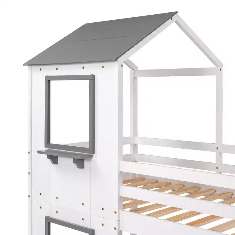 Bellemave Lit Superposé Cabane pour Enfants avec Toit et Fenêtre, Cadre en Bois Massif, Barrières de Sécurité et Échelle, Lit Superposé Gain de Place