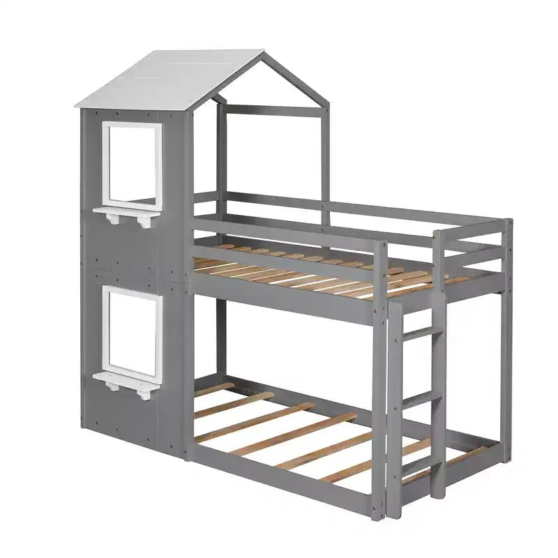 Bellemave Lit Superposé Cabane pour Enfants avec Toit et Fenêtre, Cadre en Bois Massif, Barrières de Sécurité et Échelle, Lit Superposé Gain de Place