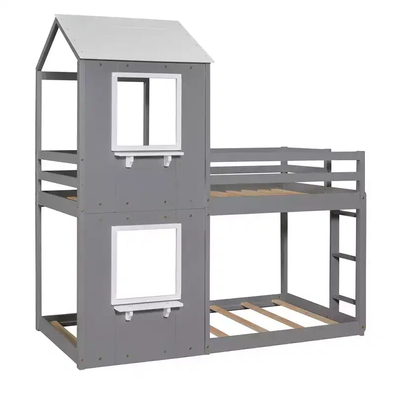 Bellemave Lit Superposé Cabane pour Enfants avec Toit et Fenêtre, Cadre en Bois Massif, Barrières de Sécurité et Échelle, Lit Superposé Gain de Place