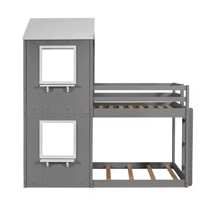 Bellemave Lit Superposé Cabane pour Enfants avec Toit et Fenêtre, Cadre en Bois Massif, Barrières de Sécurité et Échelle, Lit Superposé Gain de Place