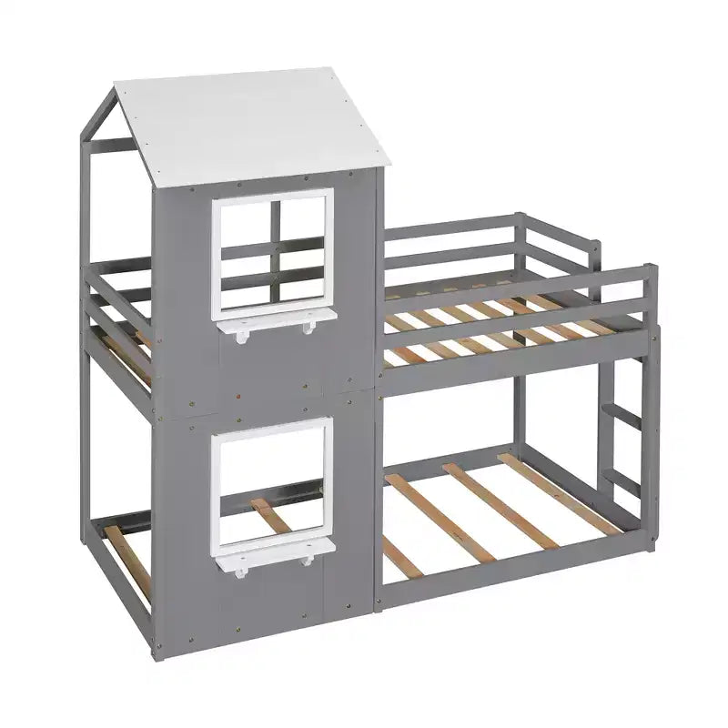 Bellemave Lit Superposé Cabane pour Enfants avec Toit et Fenêtre, Cadre en Bois Massif, Barrières de Sécurité et Échelle, Lit Superposé Gain de Place