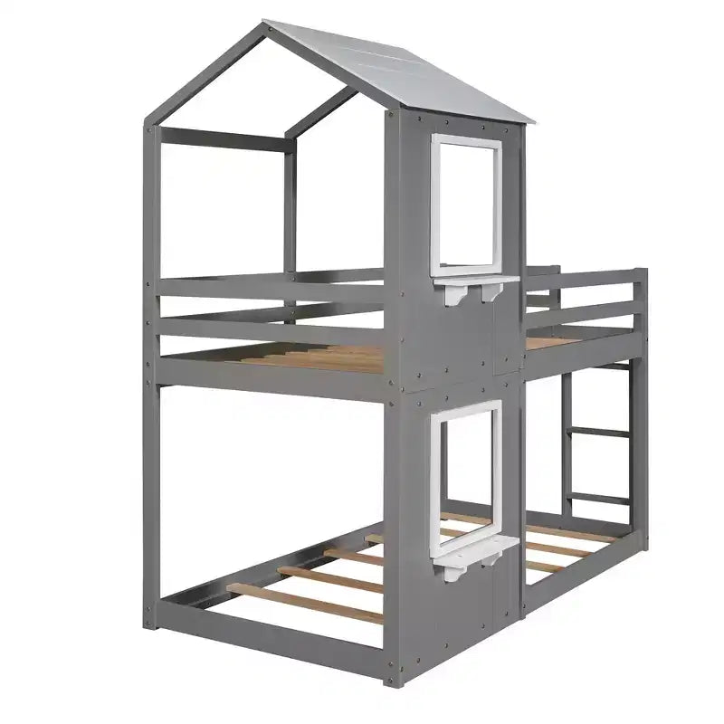 Bellemave Lit Superposé Cabane pour Enfants avec Toit et Fenêtre, Cadre en Bois Massif, Barrières de Sécurité et Échelle, Lit Superposé Gain de Place