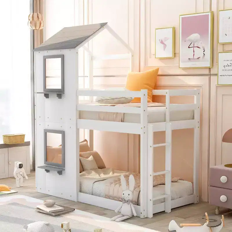 Bellemave Lit Superposé Cabane pour Enfants avec Toit et Fenêtre, Cadre en Bois Massif, Barrières de Sécurité et Échelle, Lit Superposé Gain de Place