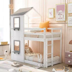 Bellemave Lit Superposé Cabane pour Enfants avec Toit et Fenêtre, Cadre en Bois Massif, Barrières de Sécurité et Échelle, Lit Superposé Gain de Place